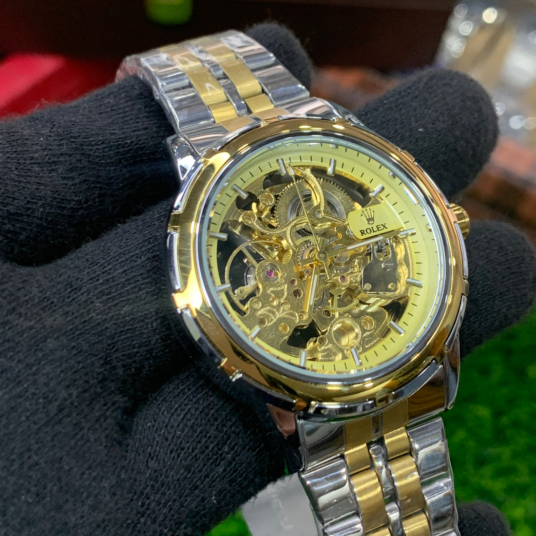 RLX Skeleton Automatic Watch – Two tone Chain (Golden Dial)