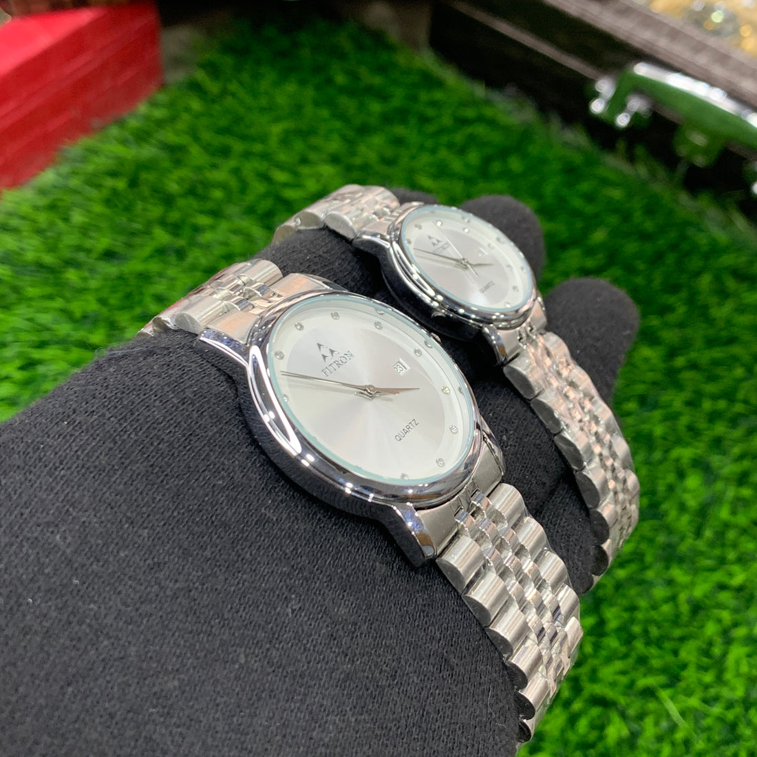 FITRON Couple Watches – Silver Chain with White Dial