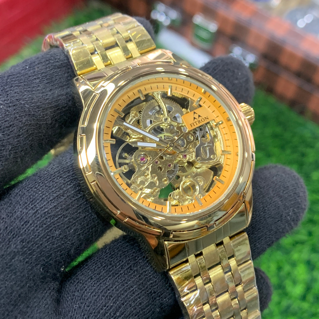Fitron Skeleton Automatic Watch –Golden Chain (Golden Dial)