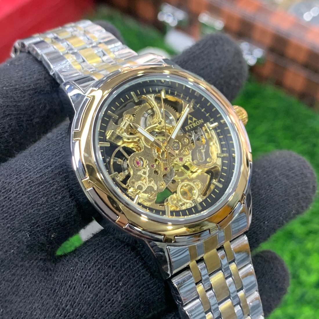 Fitron Skeleton Automatic Watch – Two tone Chain (Black Dial)