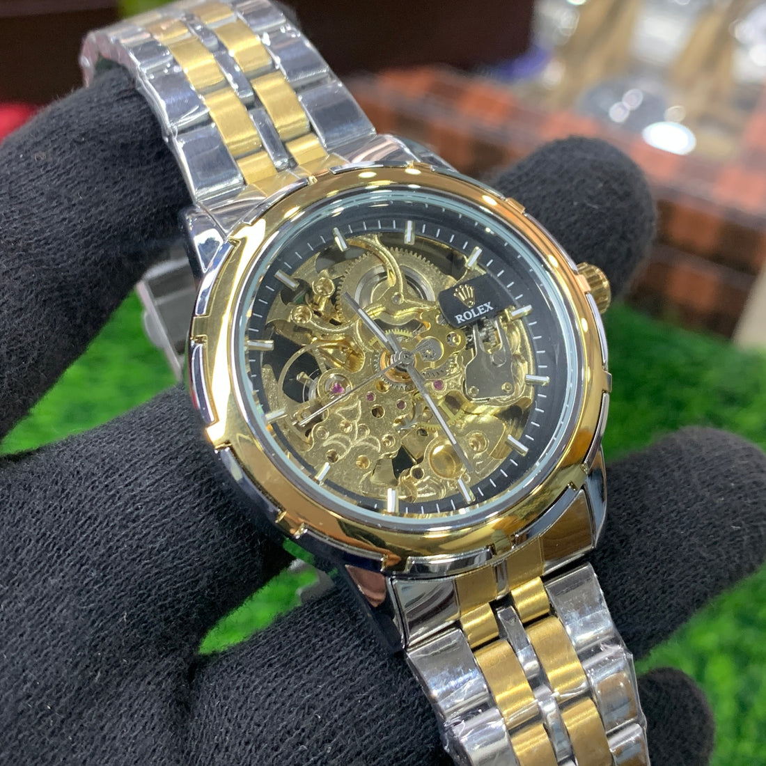 RLX Skeleton Automatic Watch – Two tone Chain (Black Dial)