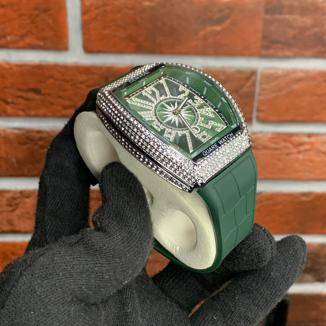 FM Iced Stone Luxury Watch (Green & Silver)