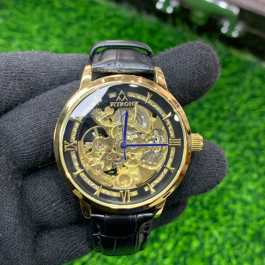 FITRON Automatic Skeleton Watch for Men – Black Leather Strap (Black Dial)