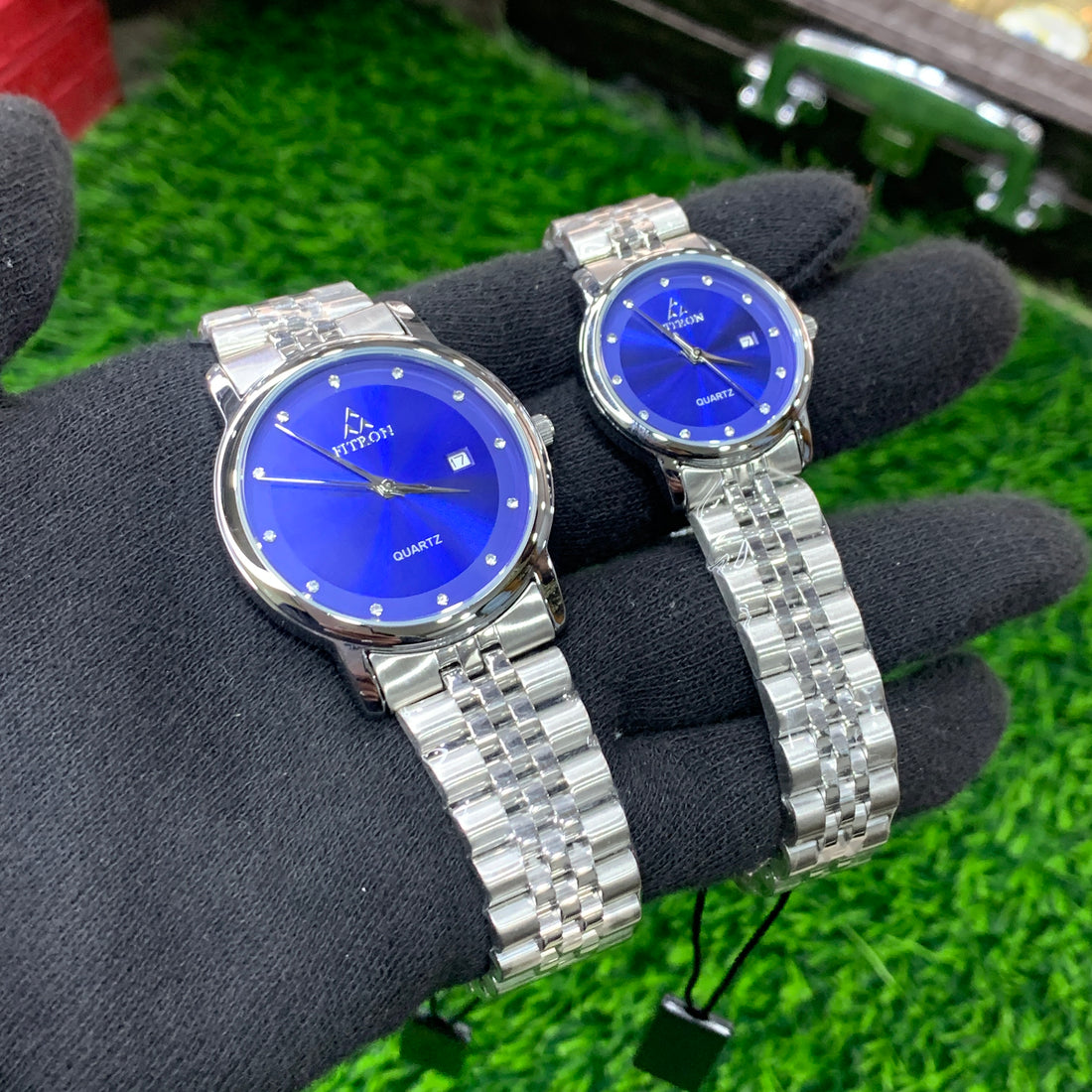 FITRON Couple Watches – Silver Chain with Blue Dial