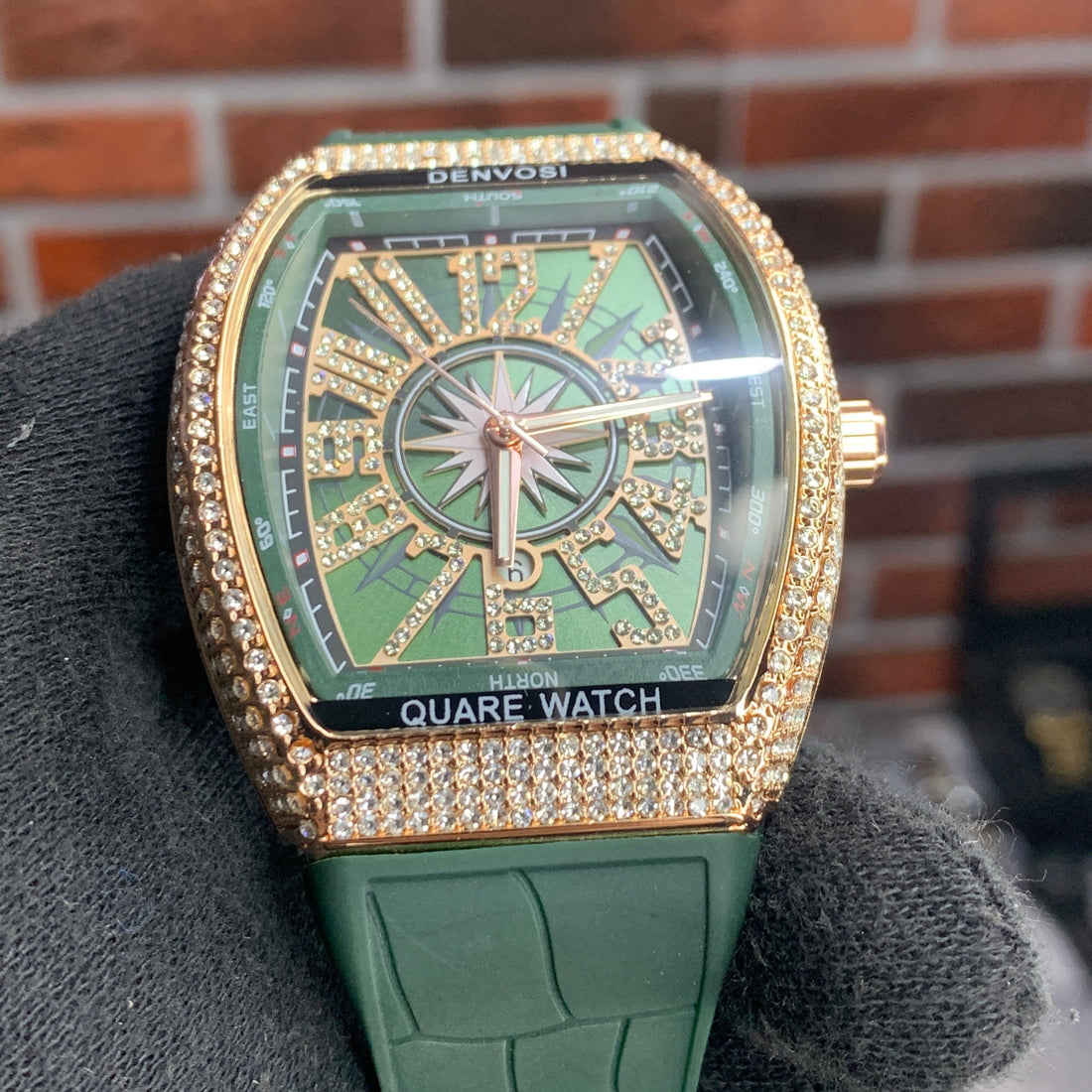 FM Iced Stone Luxury Watch (Green & Rose Gold)